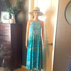 Vibrant Blue and Yellow Halter Maxi Sundress size M